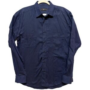 Zegna‎ Mens Navy Cotton Button Shirt L Dual Pocket Field Italy Designer Casual